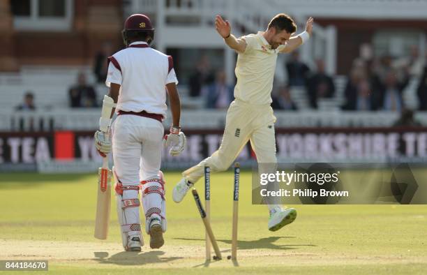 James Anderson of England celebrates after dismissing Kraigg Brathwaite of the West Indies to claim his 500th test wicket during the third cricket...