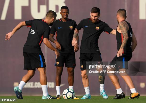 Barcelona's defender Jordi Alba, Barcelona's french forward Ousmane Dembele, Barcelona's Argentinian forward Lionel Messi and Barcelona's forward...