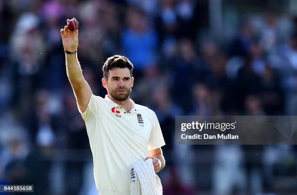 James Anderson of England celebrates after taking the wicket of Kraigg Braithwaite of the West Indies, his 500th test wicket during day two of the...