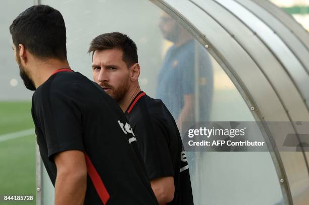 Barcelona's Argentinian forward Lionel Messi arrives for a training session at the Sports Center FC Barcelona Joan Gamper in Sant Joan Despi, near...