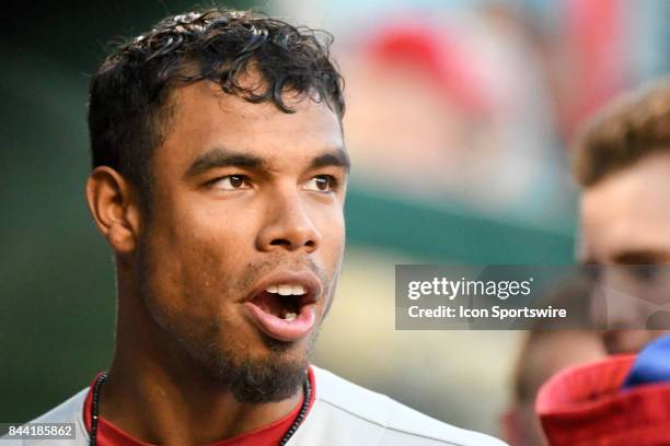 Philadelphia Phillies right fielder Nick Williams comes into the dugout during an MLB game between the Philadelphia Phillies and the Washington...