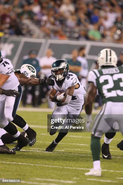 Running Back Donnel Pumphrey of the Philadelphia Eagles has a long gain against the New York Jets during their preseason game at MetLife Stadium on...