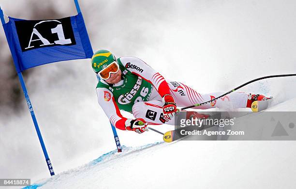Klaus Kroell of Austria takes 1st place during the Alpine FIS Ski World Cup. Men's Super G on January 23, 2009 in Kitzbuehel, Austria.
