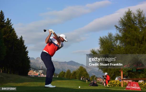 Scott Hend of Australia plays a shot during the second round of the Omega European Masters at Crans-sur-Sierre Golf Club on September 8, 2017 in...