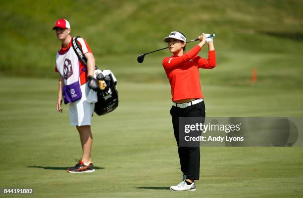 Lydia Ko of New Zealand hits her second shot on the 8th hole during the second round of the Indy Women In Tech Championship-Presented By Guggenheim...