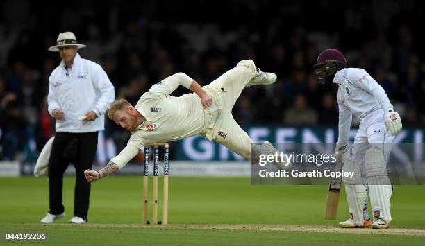 Ben Stokes of England dives for the ball during day two of the 3rd Investec Test match between England and the West Indies at Lord's Cricket Ground...