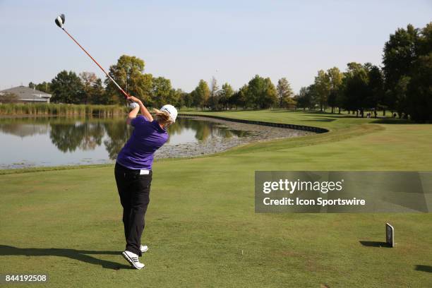 Golfer Stacy Lewis tees off on the first hole during the second round of the Indy Women In Tech on September 8, 2017 at the Brickyard Crossing Golf...