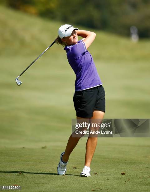 Stacy Lewis hits her second shot on the 6th hole during the second round of the Indy Women In Tech Championship-Presented By Guggenheim at the...