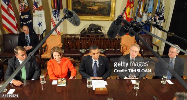 President Barack Obama makes remarks on the economy during a bi-partisian meeting with members of Congress including House Minority Leader John...