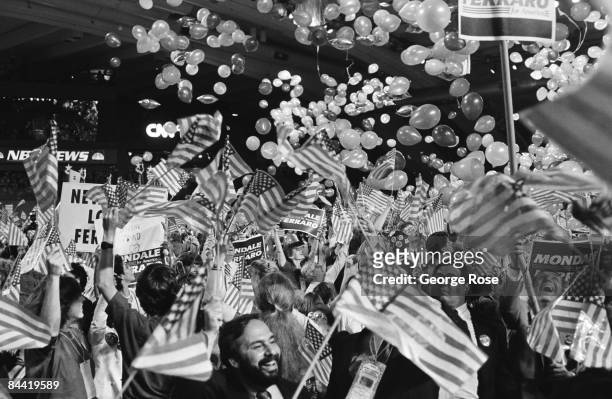 Demonstration on the floor for Walter Mondale and Geraldine Ferraro erupts during the 1984 San Francisco, California, Democratic National Convention...