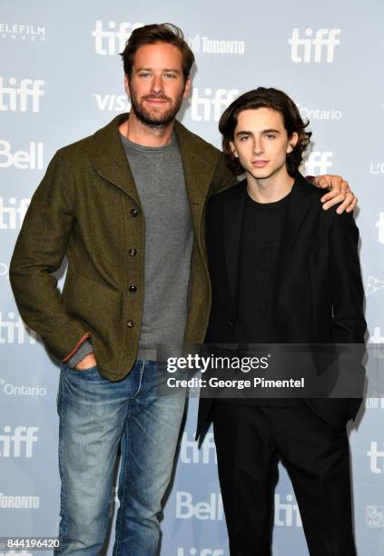 Actors Armie Hammer and Timothee Chalamet attend the "Call Me By Your Name" press conference during 2017 Toronto International Film Festival at TIFF...