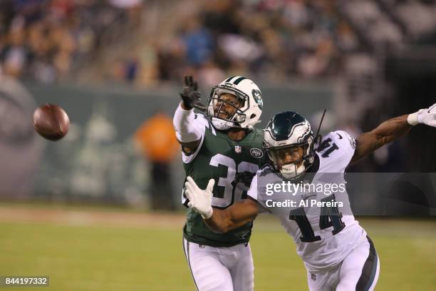 Cornerback Juston Burris of the New York Jets in action against the Philadelphia Eagles during their preseason game at MetLife Stadium on August 31,...