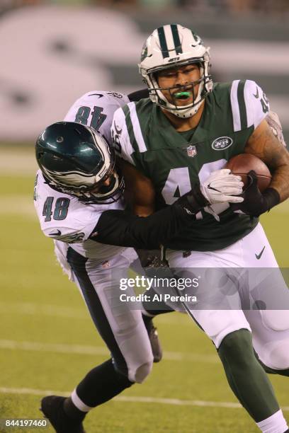 Tight End Jordan Leggett of the New York Jets in action against the Philadelphia Eagles during their preseason game at MetLife Stadium on August 31,...