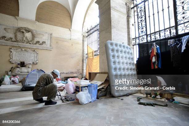 Dozens of families including children continue to live in the colonnade of Basilica of the 12 Apostles in Piazza SS Apostoli, on September 8, 2017 in...