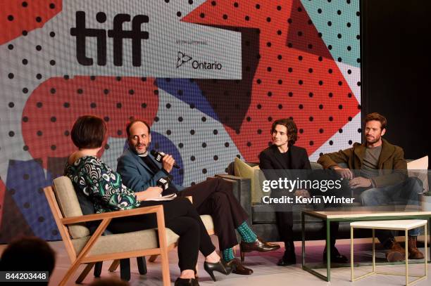 Director/producer Luca Guadagnino, actors Timothee Chalamet and Armie Hammer attend the "Call Me By Your Name" press conference during 2017 Toronto...