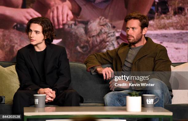 Actors Timothee Chalamet and Armie Hammer attend the "Call Me By Your Name" press conference during 2017 Toronto International Film Festival at TIFF...