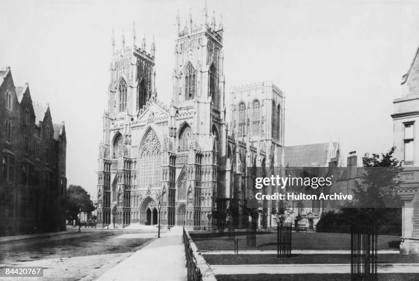 The western front of York Minster in North Yorkshire, circa 1900. From sepia.