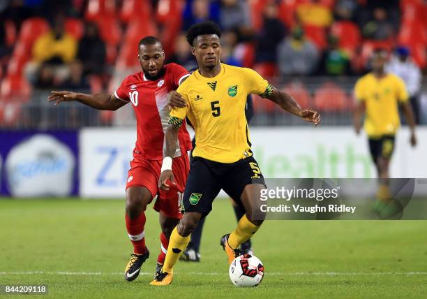 David Junior Hoilett of Canada battles for the ball with Alvas Powell of Jamaica during an International Friendly match at BMO Field on September 2,...