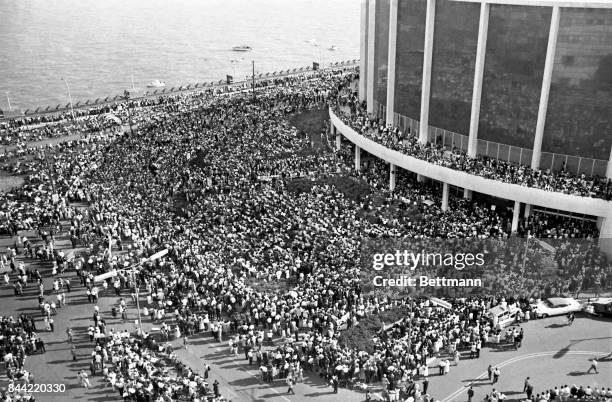 Aerial view of some of the more than 100,000 people demonstrating in protest of racial discrimination, jam Woodward Avenue, from curb to curb in a...