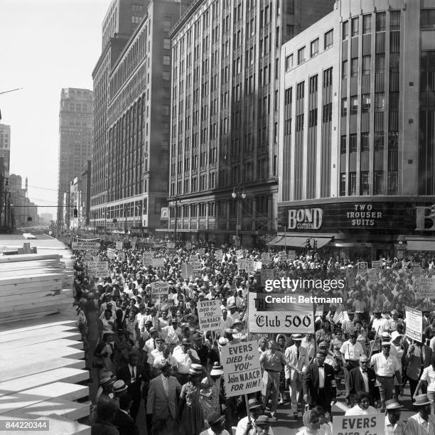 Aerial shot of some of the more than 100,000 people demonstrating in protest of racial discrimination, jam Woodward Avenue, from curb to curb in a...