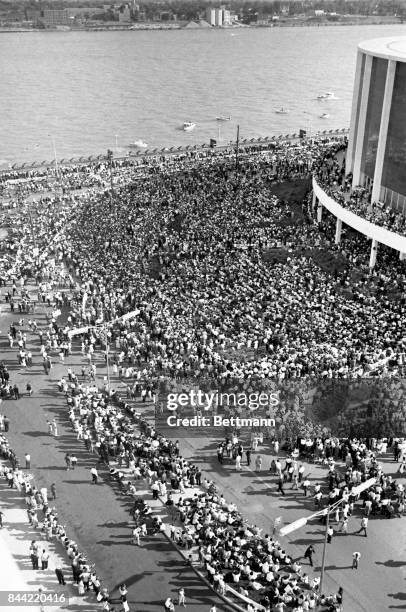 Aerial view of some of the more than 100,000 people demonstrating in protest of racial discrimination, jam Woodward Avenue, from curb to curb in a...