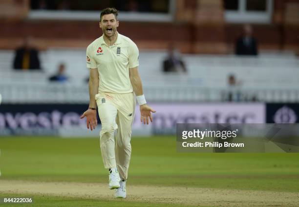 James Anderson of England celebrates after dismissing Kieran Powell during the third cricket test between England and the West Indies at Lord's...