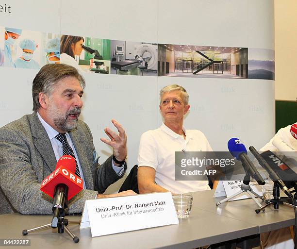 Professor Norbert Mutz and Professor Wolfgang Koller speak to the media during a news press conference on January 23, 2009 in Innsbruck about the...