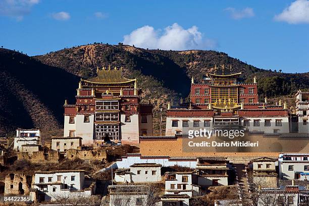 The hill top Songzanlin Monastery in Shangri La, formerly known as Zhongdian. Zhongdian was renamed Shangri La by the Chinese government in 2001 to...