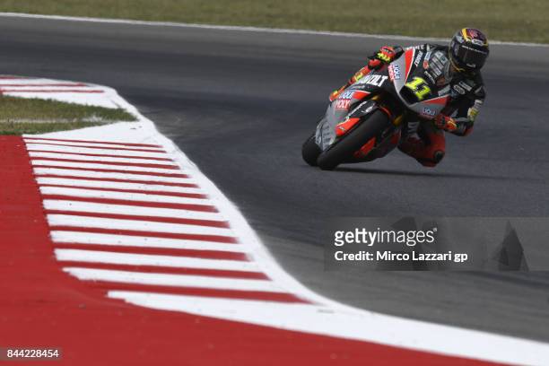 Sandro Cortese of Germany and Dynavolt Intact GP rounds the bend during the MotoGP of San Marino - Free Practice at Misano World Circuit on September...