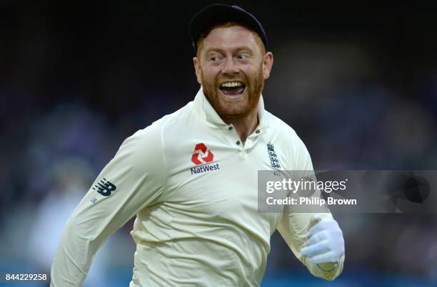 Jonny Bairstow of England laughs during the third cricket test between England and the West Indies at Lord's Cricket Ground on September 8, 2017 in...