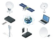 Isometric Wireless Technology and Global communication icons towers satellite antennas radio telescope router and Earth orbit space station GPS satellite isolated vector illustration World global net