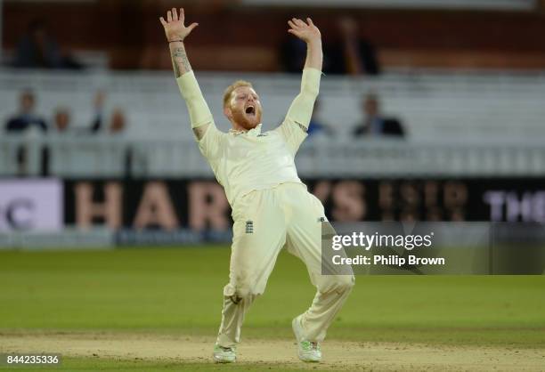 Ben Stokes of England appeals during the third cricket test between England and the West Indies at Lord's Cricket Ground on September 8, 2017 in...