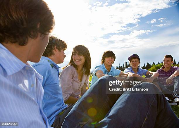 teen group sitting on grass, talking - französisch sprache stock-fotos und bilder