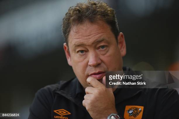 Leonid Slutsky manager of Hull City looks on before the Sky Bet Championship match between Derby County and Hull City at iPro Stadium on September 8,...