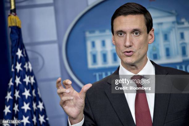 Tom Bossert, assistant to U.S. President Donald Trump for the U.S. Department of Homeland Security, speaks during a White House press briefing in...