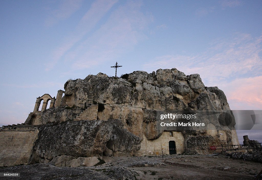 Rock church at dusk, Matera, Italy