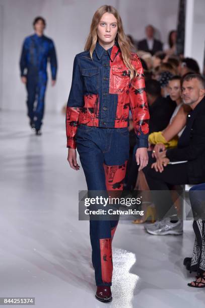 Model walks the runway at the Calvin Klein Spring Summer 2018 fashion show during New York Fashion Week on September 7, 2017 in New York, United...