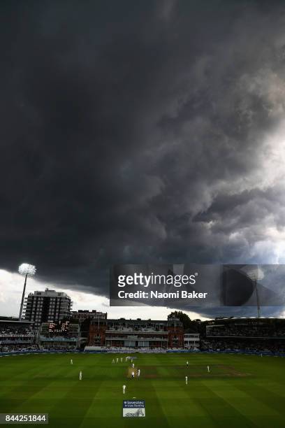 Storm clouds gather over Lord's Cricket Ground during England v West Indies - 3rd Investec Test: Day Two at Lord's Cricket Ground on September 8,...
