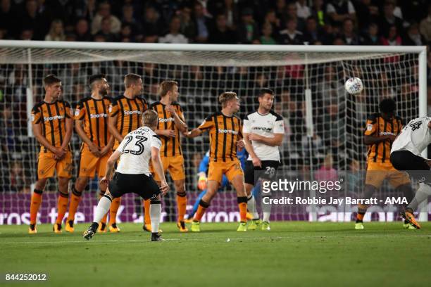 Matej Vydra of Derby County scores a goal to make it 1-0 during the Sky Bet Championship match between Derby County and Hull City at iPro Stadium on...