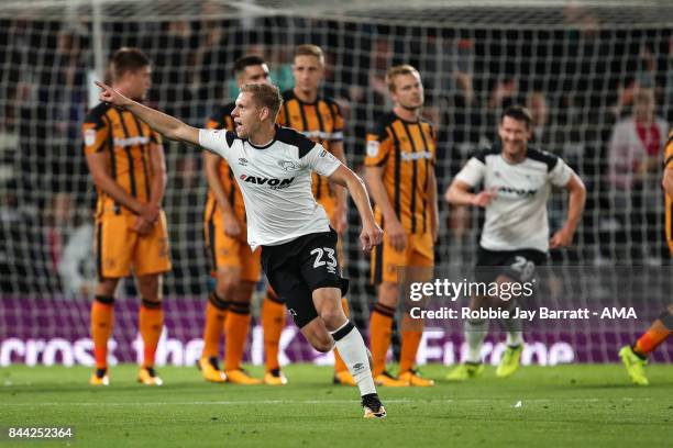 Matej Vydra of Derby County celebrates after scoring a goal to make it 1-0 during the Sky Bet Championship match between Derby County and Hull City...