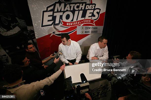 Eastern Conference All-Star Zdeno Chara and Marc Savard of the Boston Bruins speaks with the media during the 2009 NHL Live Western/Eastern...