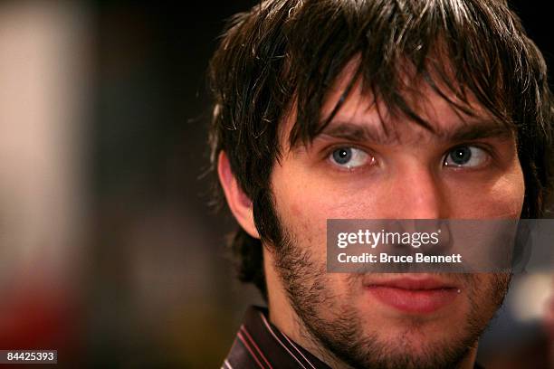 Alex Ovechkin of Washington Capitals takes part in the 2009 NHL Live Western/Eastern Conference All-Stars Media Availability at the Queen Elizabeth...