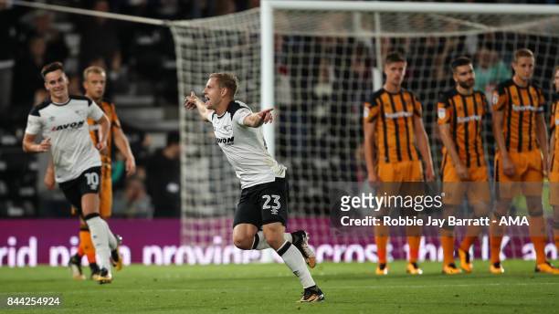 Matej Vydra of Derby County celebrates after scoring a goal to make it 1-0 during the Sky Bet Championship match between Derby County and Hull City...