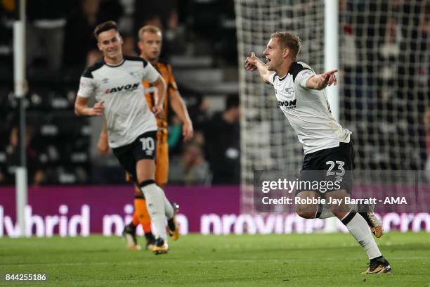 Matej Vydra of Derby County celebrates after scoring a goal to make it 1-0 during the Sky Bet Championship match between Derby County and Hull City...
