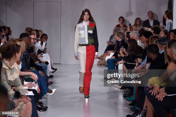 Model walks the runway at the Calvin Klein Spring Summer 2018 fashion show during New York Fashion Week on September 7, 2017 in New York, United...