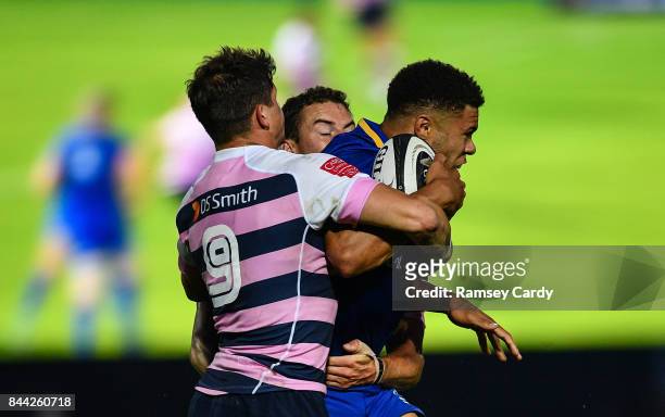 Dublin , Ireland - 8 September 2017; Adam Byrne of Leinster is tackled by Lloyd Williams of Cardiff Blues during the Guinness PRO14 Round 2 match...