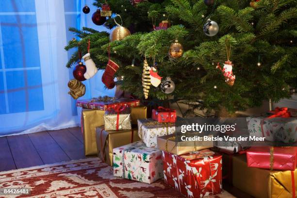 presents under the christmas tree. - christmas present bildbanksfoton och bilder