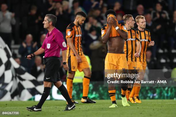 Ola Aina of Hull City dejected after conceding a goal to make ti 4-0 during the Sky Bet Championship match between Derby County and Hull City at iPro...