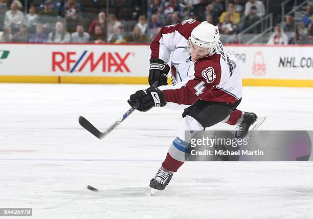 John-Michael Liles of the Colorado Avalanche skates against the Los Angeles Kings at the Pepsi Center on January 21, 2009 in Denver, Colorado. The...