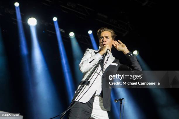 Pelle Almqvist lead singer of the Swedish garage rock band The Hives performs in concert at Grona Lund on September 8, 2017 in Stockholm, Sweden.